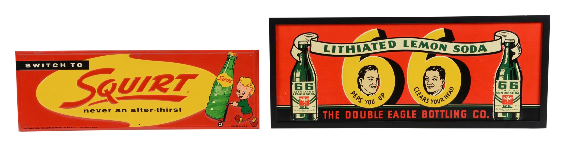 LOT OF 2: SQUIRT AND 66 LEMON SODA EMBOSSED ADVERTISING SIGNS.