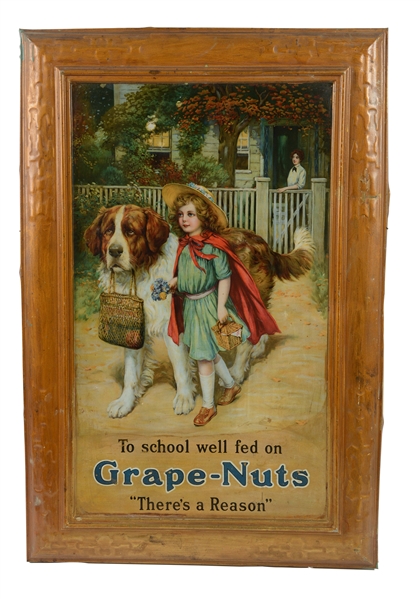 SELF FRAMED TIN LITHO GRAPE-NUTS ADVERTISING SIGN.