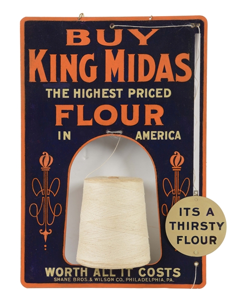 KING MIDAS FLOUR TIN STRING HOLDER ADVERTISING SIGN WITH SPOOL OF STRING.