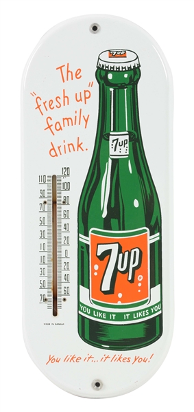 CANADIAN PORCELAIN 7-UP ADVERTISING THERMOMETER.