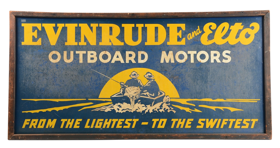 EVINRUDE AND ELTO OUTBOARD MOTORS WOOD FRAMED TIN ADVERTISING SIGN.