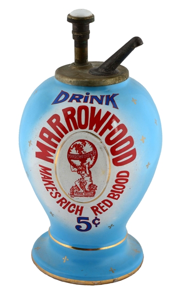 5¢ DRINK MARROWFOOD "MAXES RICH RED BLOOD" SYRUP DISPENSER.