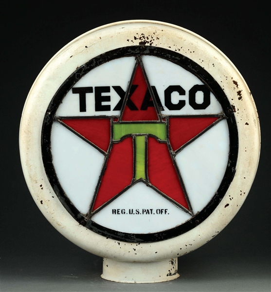 TEXACO GASOLINE STAINED LEAD GLASS 15" COMPLETE GLOBE WITH ORIGINAL BODY.