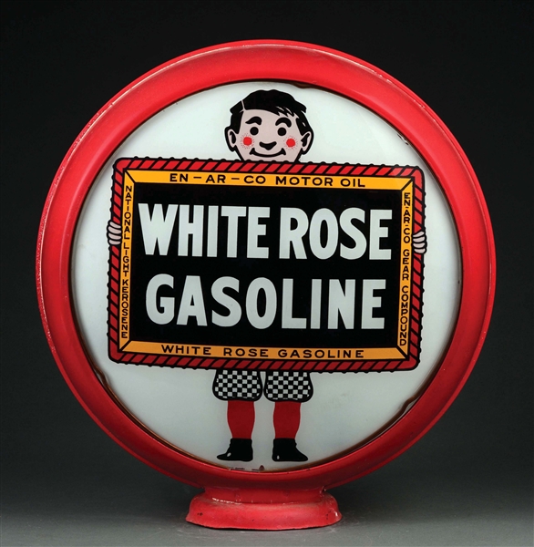 WHITE ROSE GASOLINE & ENARCO MOTOR OIL 15" COMPLETE GLOBE ON ORIGINAL METAL BODY.