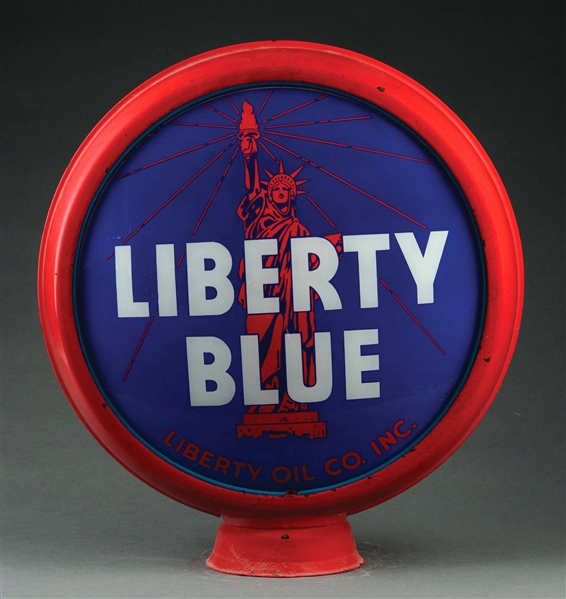 LIBERTY BLUE GASOLINE COMPLETE 15" GLOBE WITH STATUE OF LIBERTY GRAPHIC ON METAL BODY.