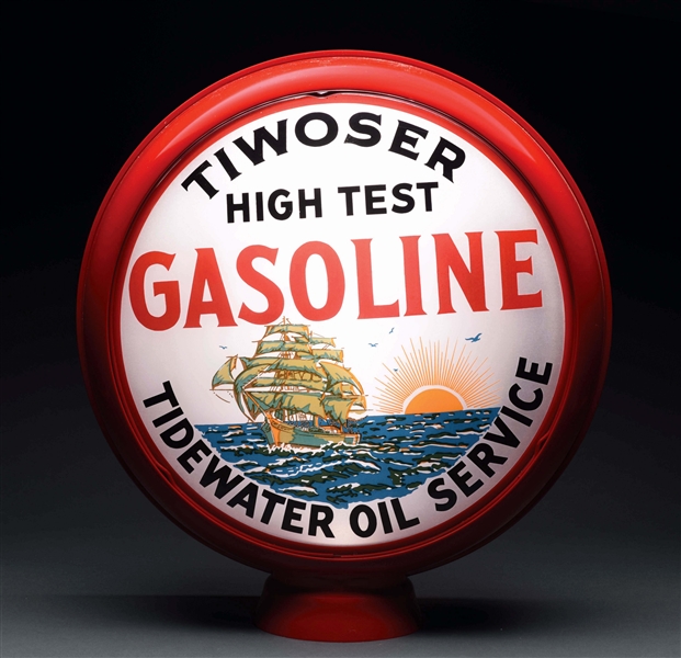 TIDEWATER OIL SERVICE TIWOSER HIGH TEST GASOLINE 15" SINGLE LENS WITH SHIP GRAPHIC.