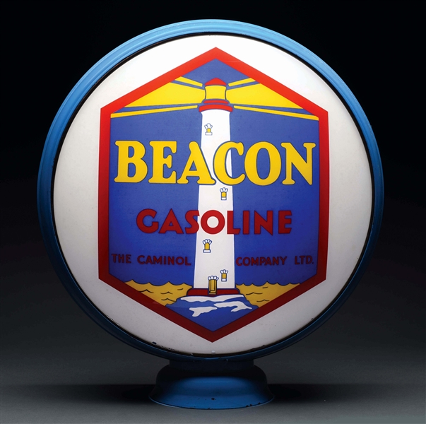 VERY RARE BEACON GASOLINE 15" SINGLE GLOBE LENS WITH LIGHTHOUSE GRAPHIC ON ORIGINAL METAL BODY.