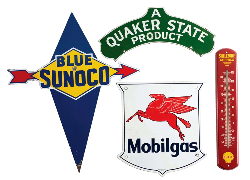 LOT OF 4: MOBIL, SUNOCO, QUAKER STATE PORCELAIN GASOLINE SIGNS & SHELL THERMOMETER.