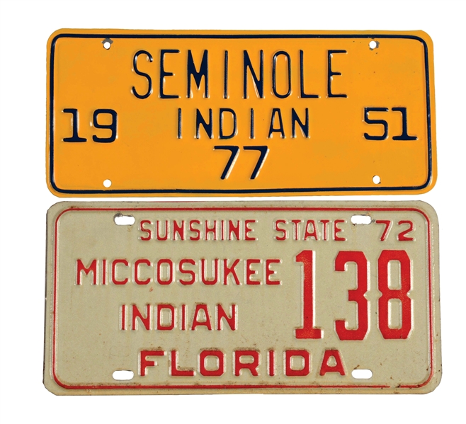 LOT OF 2: FLORIDA INDIAN LICENSE PLATES.
