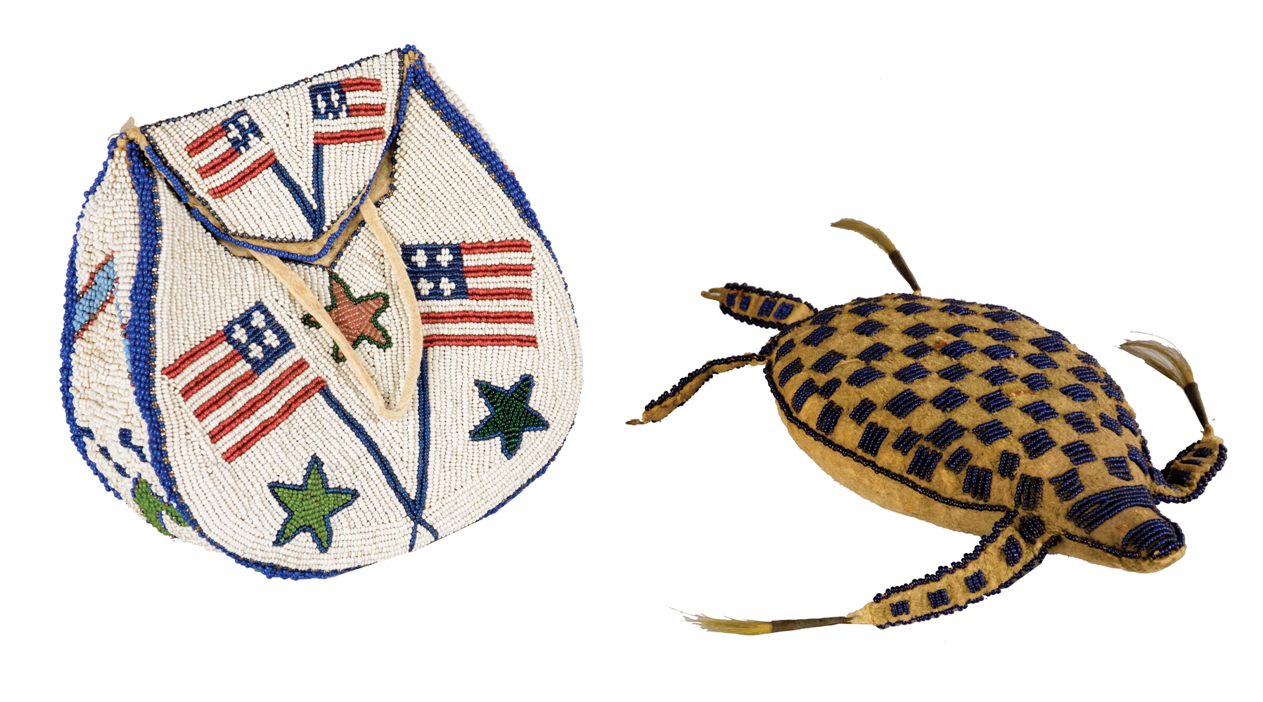 LOT OF 2: SIOUX TURTLE FETISH AND EASTERN SIOUX PATRIOTIC BEADED BAG.