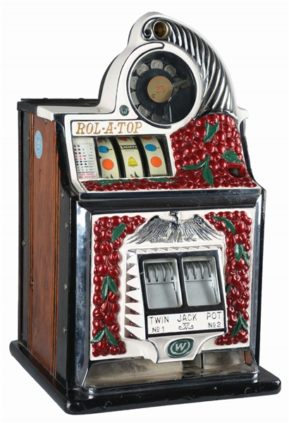 **25¢ WATLING ROL-A-TOP CHERRY FRONT SLOT MACHINE.