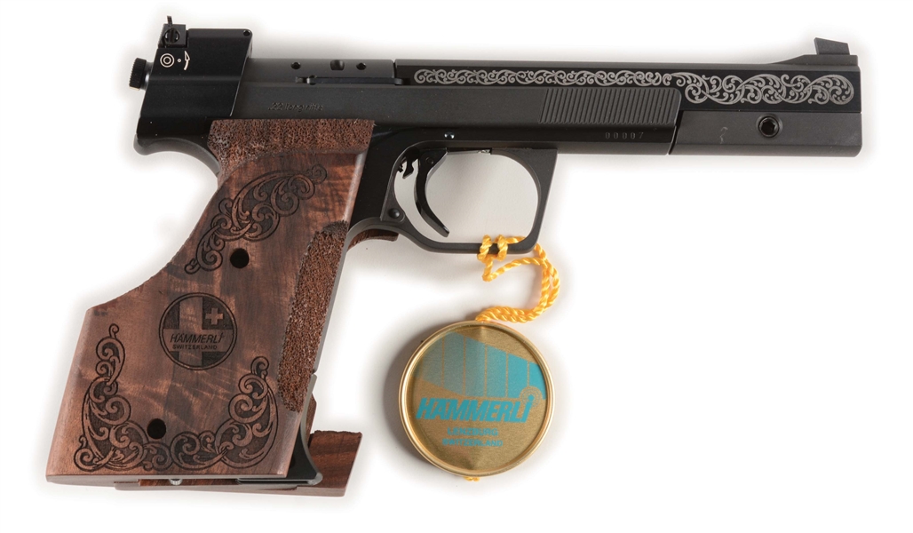 (M) LEFT HANDED HAMMERLI 208S SEMI-AUTOMATIC PISTOL WITH DAMASCENED SLIDE AND ENGRAVED GRIPS.