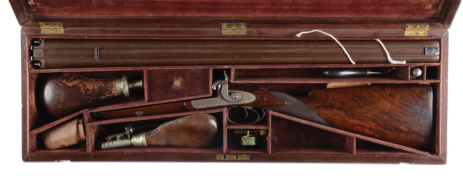 (A) SUPERB QUALITY, PLAIN FINISHED PERCUSSION SIDE BY SIDE RIFLE/SHOTGUN COMBINATION BY ANDREW MACFARLANE OF NEW YORK CITY WITH CASE.