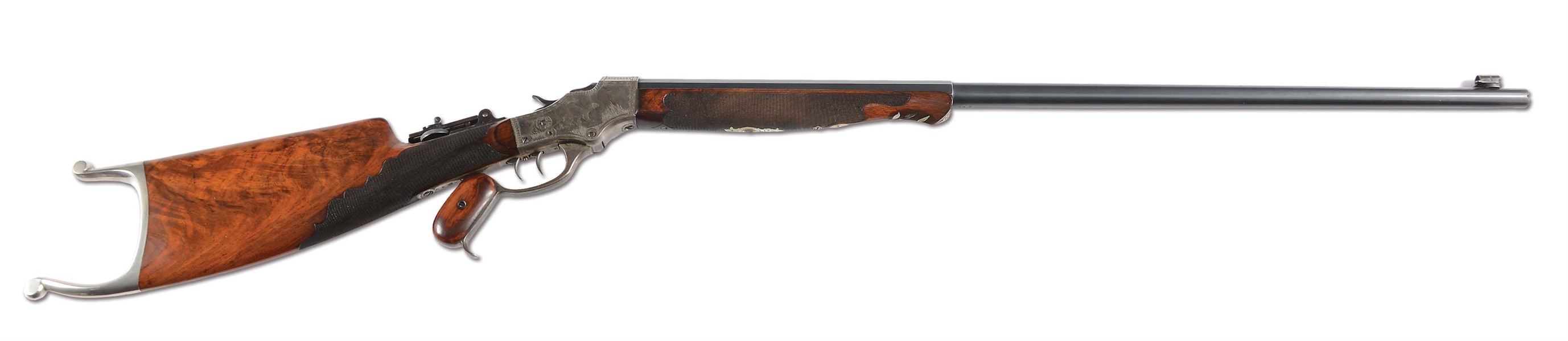 (C) J. STEVENS IDEAL "SCHUETZEN SPECIAL" NO. 54 - 44 1/2 FALLING BLOCK RIFLE WITH UNUSUAL TURKEY AND MOUNTAIN LION ENGRAVING AND 2/3 ROUND, 1/3 OCTAGON BARREL.