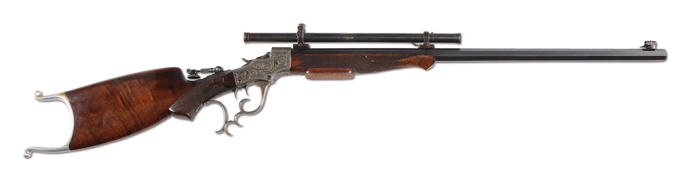 (C) STEVENS POPE FACTORY ENGRAVED STYLE NO. 52 FALLING BLOCK SINGLE SHOT RIFLE WITH SCOPE.