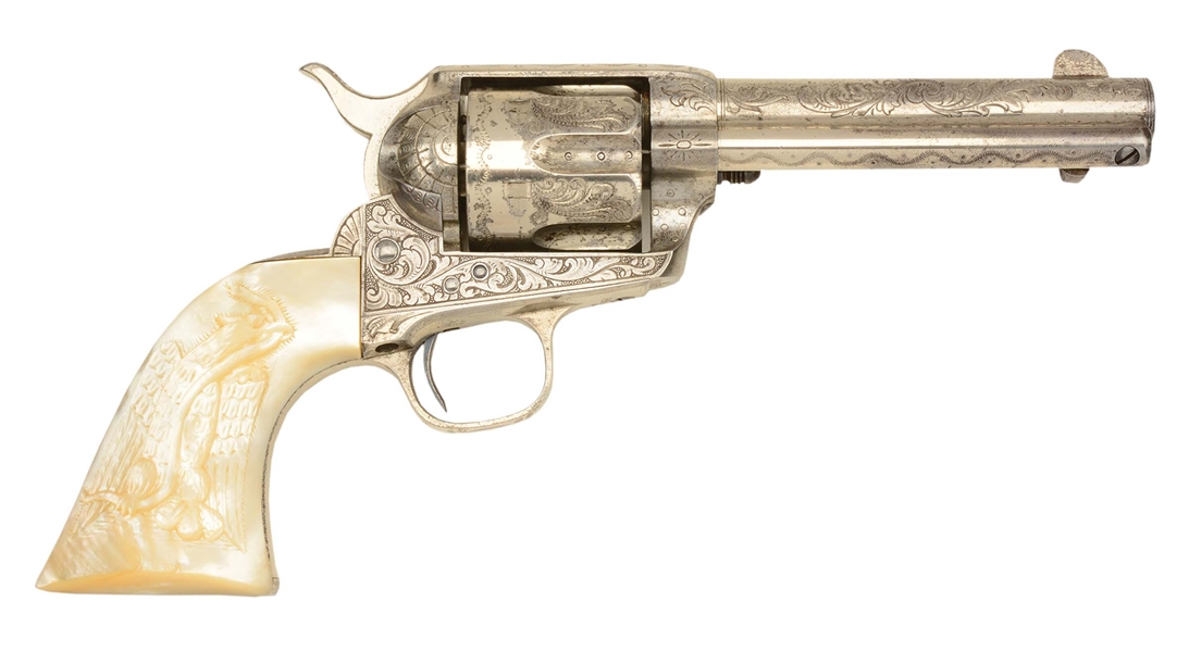(A) INCREDIBLE 4-3/4" COLT ETCHED PANEL FACTORY ENGRAVED L.D. NIMSCHKE ENGRAVED FRONTIER SIX SHOOTER SINGLE ACTION REVOLVER WITH PEARL GRIPS (1883) AND FACTORY LETTER.