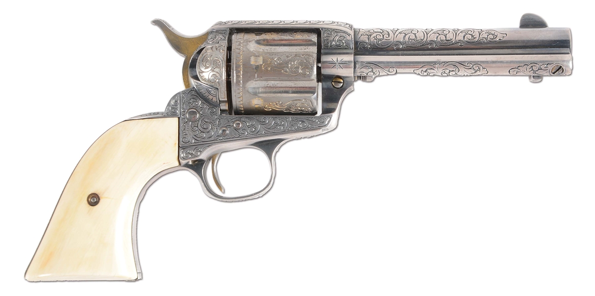 (C) ENGRAVED & IVORY COLT LONG FLUTE SINGLE ACTION ARMY REVOLVER WITH MONTANA SHERIFFS BADGE AND FACTORY LETTER - TEXAS SHIPPED (1915).