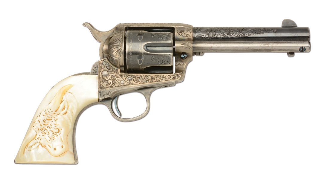 (C) INCREDIBLE FACTORY ENGRAVED COLT SINGLE ACTION ARMY REVOLVER WITH STEER HEAD PEARL GRIPS (1902) AND FACTORY LETTER.