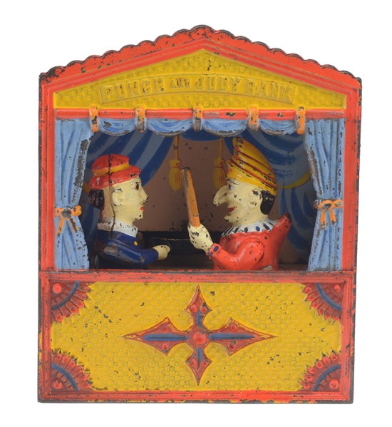 SHEPARD HARDWARE PUNCH & JUDY SMALL LETTERS CAST IRON MECHANICAL BANK. 