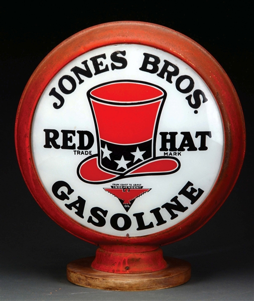 JONES BROS. RED HAT GASOLINE & AIR 15" COMPLETE GLOBE ON ORIGINAL METAL BODY. 