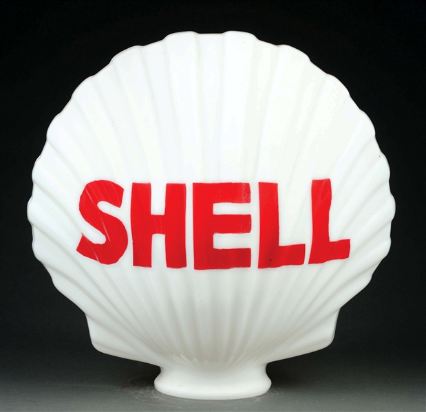SHELL GASOLINE CLAMSHELL MILK GLASS GLOBE WITH ETCHED LETTERING.