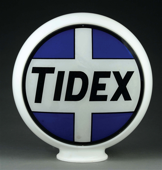 TIDEX GASOLINE 13-1/2" COMPLETE GLOBE ON BANDED MILK GLASS BODY.