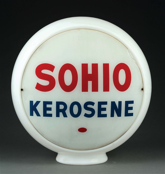 SOHIO KEROSENE COMPLETE 13-1/2" GLOBE ON WIDE MILK GLASS BODY.