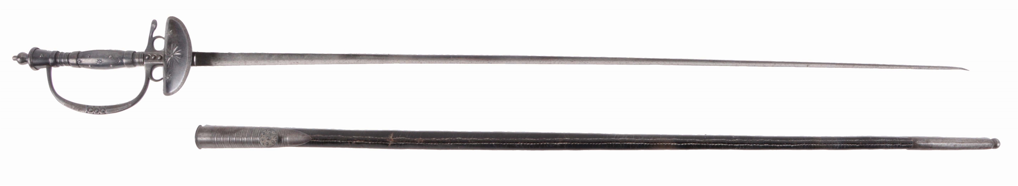 A GOOD 18TH CENTURY CONTINENTAL STEEL HILTED SMALL SWORD WITH D GUARD AND SHELL HILT.