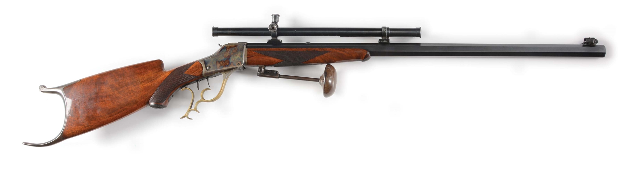 (A) WINCHESTER HIGH WALL SCHUETZEN RIFLE WITH CASE COLORED ACTION AND SCOPE.