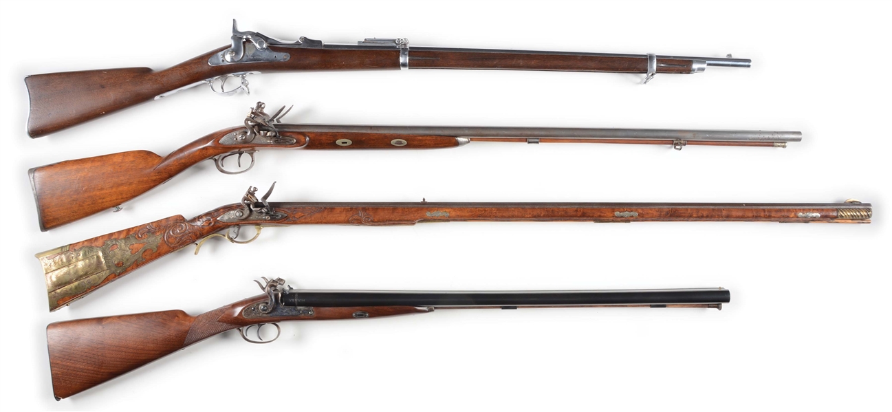 (A) LOT OF 4: MODEL 1884 SPRINGFIELD TRAPDOOR, FLINTLOCK SHOTGUN, KENTUCKY STYLE LONG RIFLE, AND PEDERSOLI SXS PERCUSSION SHOTGUN.