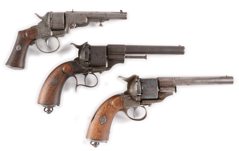 (A) LOT OF 3: FRENCH PINFIRE REVOLVERS & UNIDENTIFIED CENTERFIRE DOUBLE ACTION REVOLVER.