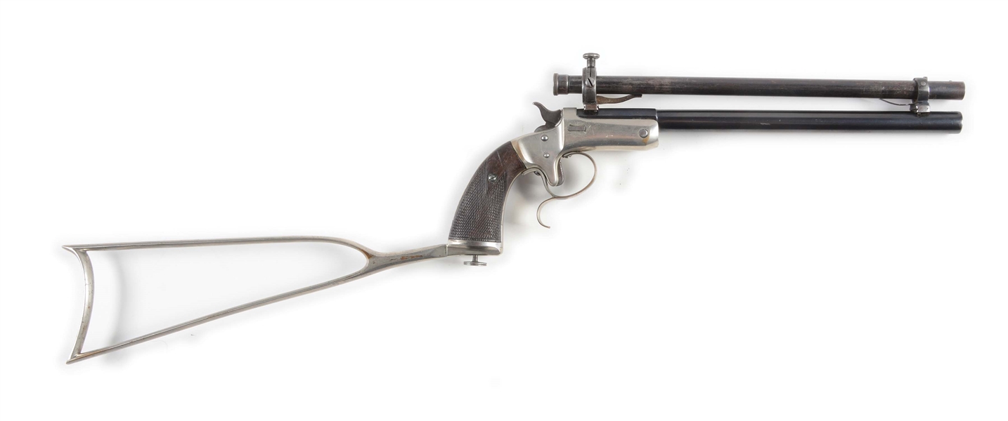 (A) STEVENS MEDIUM FRAME NEW MODEL POCKET RIFLE 2ND ISSUE WITH SCOPE AND SHOULDER STOCK.