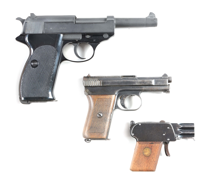 (C) LOT OF 3: WALTHER P38, MAUSER 1910/14, & A EMGE M. III GAS PISTOL.