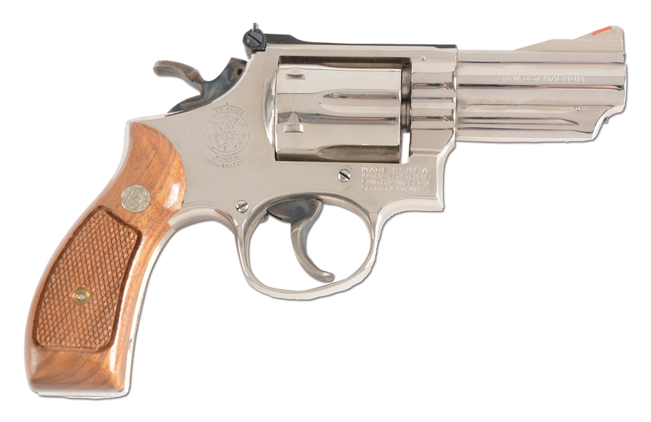 (M) IMPOSSIBLY RARE BOXED FACTORY NICKEL SMITH & WESSON 3" FACTORY ROUND BUTT MODEL 19 DOUBLE ACTION REVOLVER (1973).