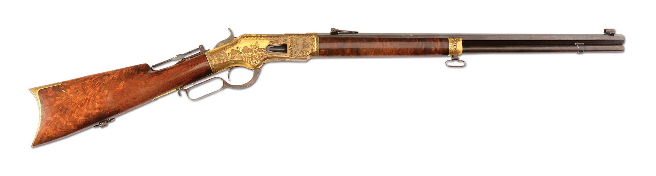(A) EXTRAORDINARILY RARE AND BEAUTIFUL FACTORY ENGRAVED GILDED FRAME 1866 WINCHESTER RIFLE WITH FACTORY DELUXE 4X WOOD STOCK.