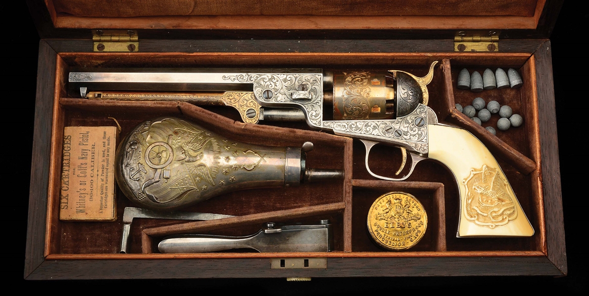 (A) HISTORIC ENGRAVED COLT 1851 NAVY REVOLVER PRESENTED TO LIEUTENANT COMMANDER LEROY FITCH, THE HERO OF THE BATTLE OF NASHVILLE FACTORY, CASED WITH ALL ACCESORIES.