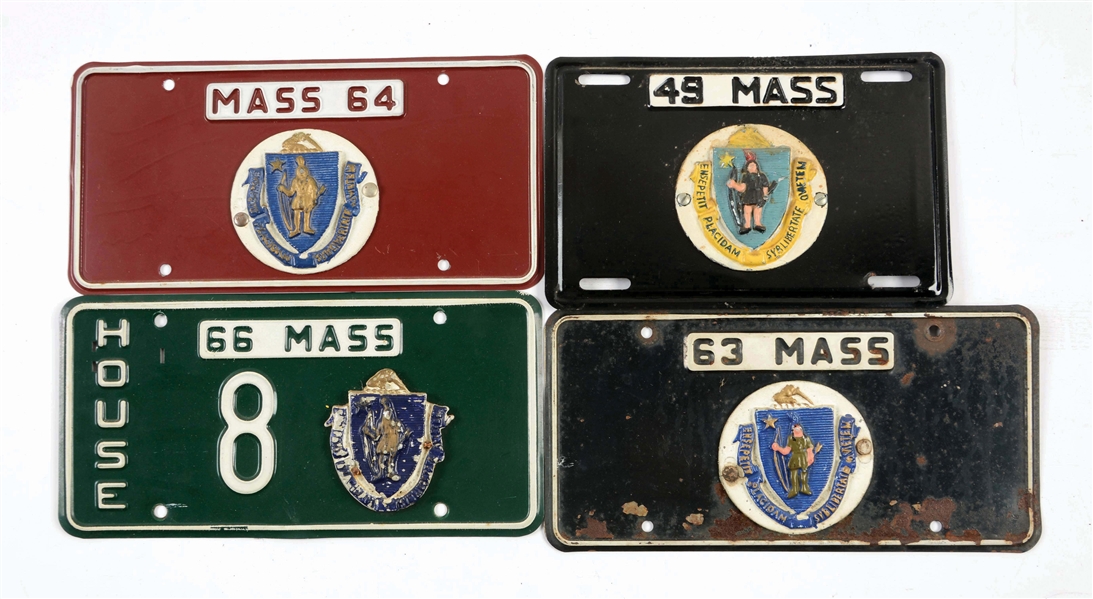 LOT OF 4: MASSACHUSETTS LICENSE PLATES WITH RAISED EMBLEMS.