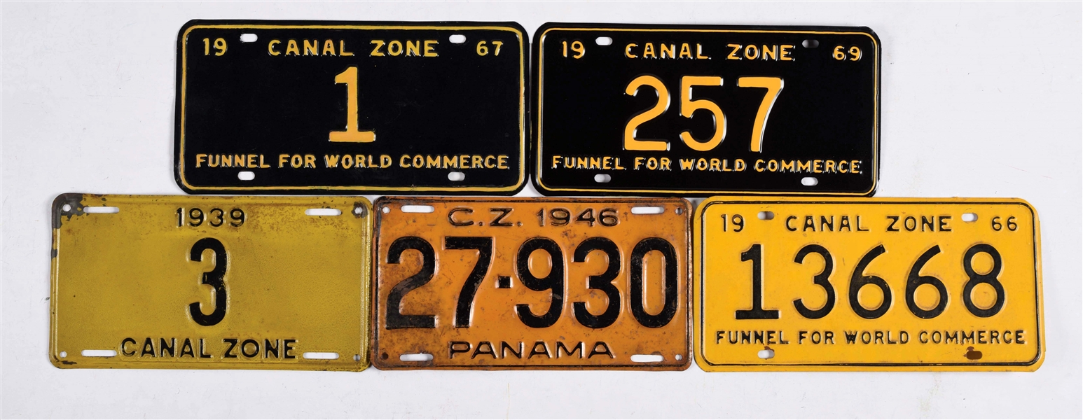 LOT OF 5: CANAL ZONE LICENSE PLATES.