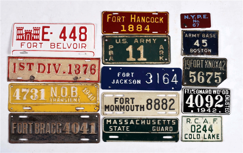 LOT OF 14: MILITARY ATTACHMENT LICENSE PLATES.