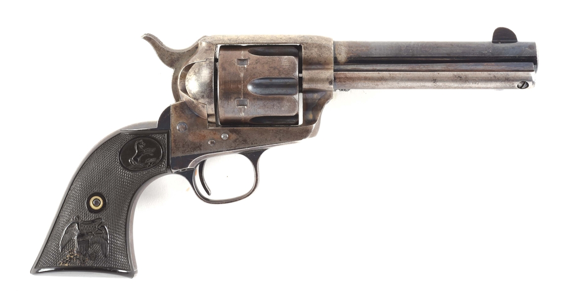 (A) SCARCE 4 - 3/4" ETCHED PANEL COLT FRONTIER SIX SHOOTER SINGLE ACTION ARMY REVOLVER(1887) AND FACTORY LETTER.  