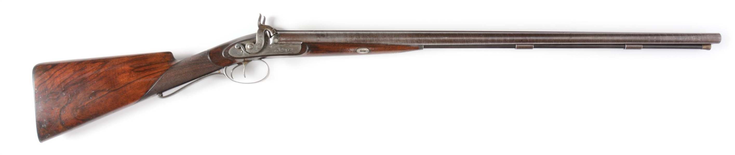 (A) EARLY JAMES PURDEY PERCUSSION DOUBLE SHOTGUN INCORPORATING WYATTS PATENT GRIP SAFETY WITH EXTERNAL INTERCEPTING SEARS.