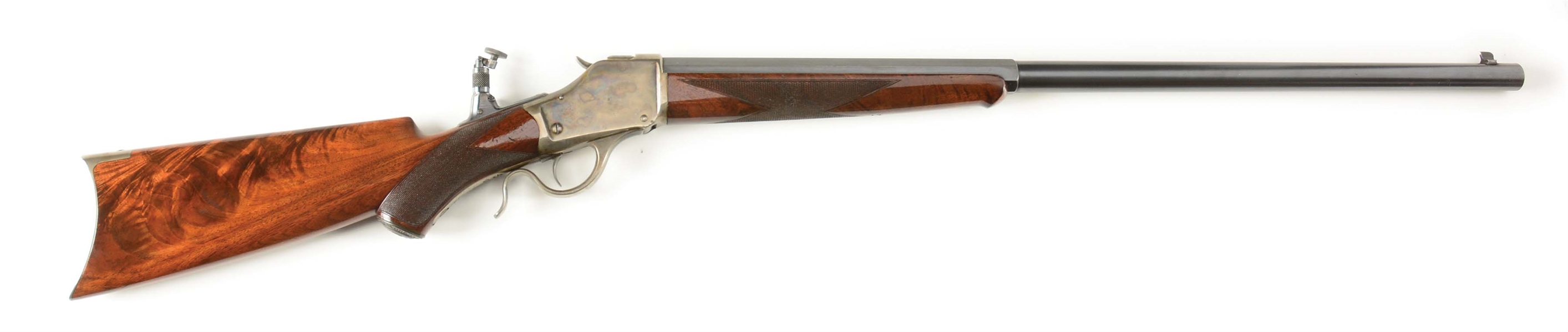 (A) VERY FINE CASE HARDENED WINCHESTER HI-WALL DELUXE SINGLE SHOT RIFLE WITH UNUSUAL LYMAN 15 TANG SIGHT.  