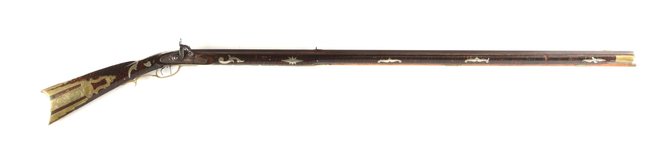 (A) FINE HUNTINGDON COUNTY PERCUSSION KENTUCKY LONGRIFLE SIGNED DOUGLASS WITH 34 SILVER INLAYS.