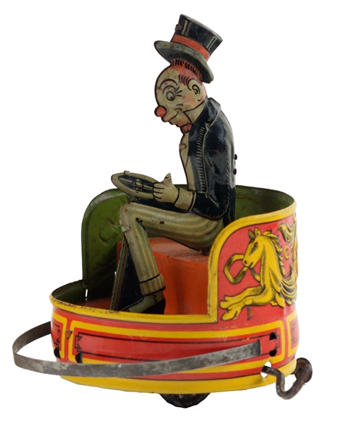 SCARCE GERMAN TIN LITHO WIND UP JIGGS IN BUMPER CAR TOY.