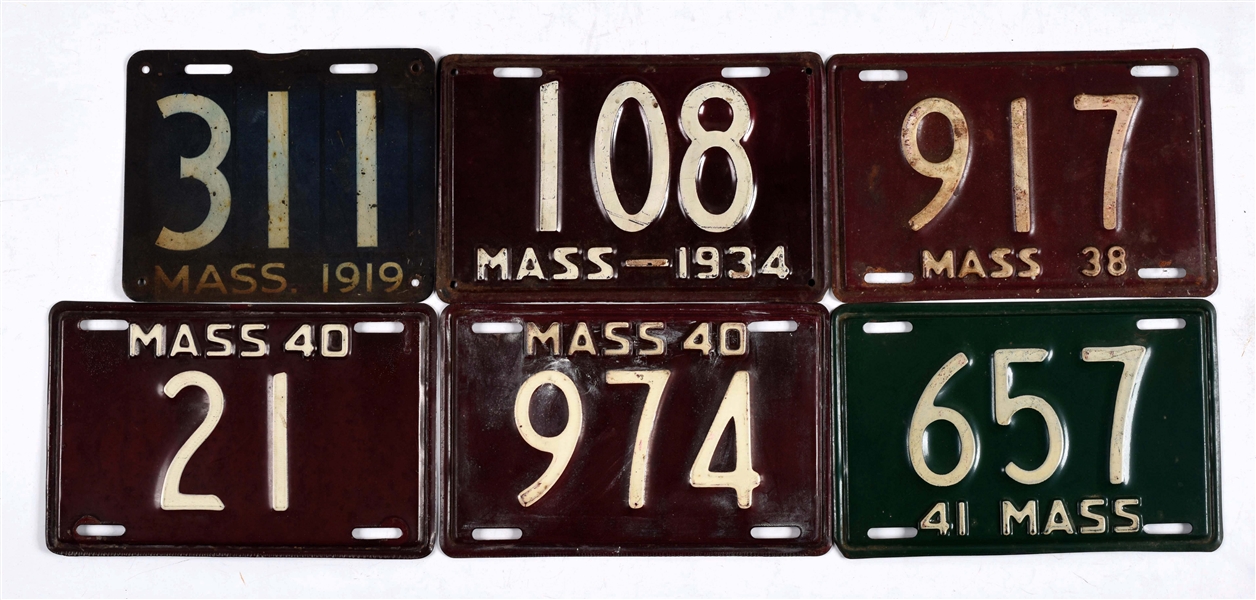 LOT OF 13: MASSACHUSETTS 2 & 3 DIGIT LICENSE PLATES, 1919-1991.