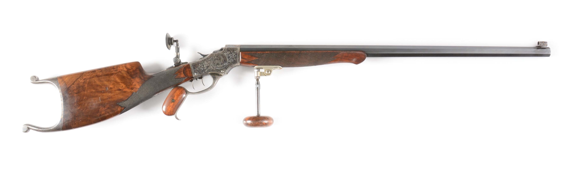 (C) STEVENS 44-1/2 ACTION MODEL 54 WITH GAME SCENE ENGRAVING WITH HOFFMAN BARREL.