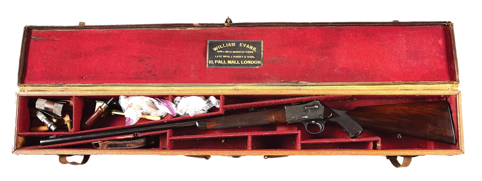 (A) RARE FIELDS PATENT PIVOTING BLOCK SINGLE SHOT RIFLE RETAILED BY W.W. GREENER WITH CASE AND ACCESSORIES.