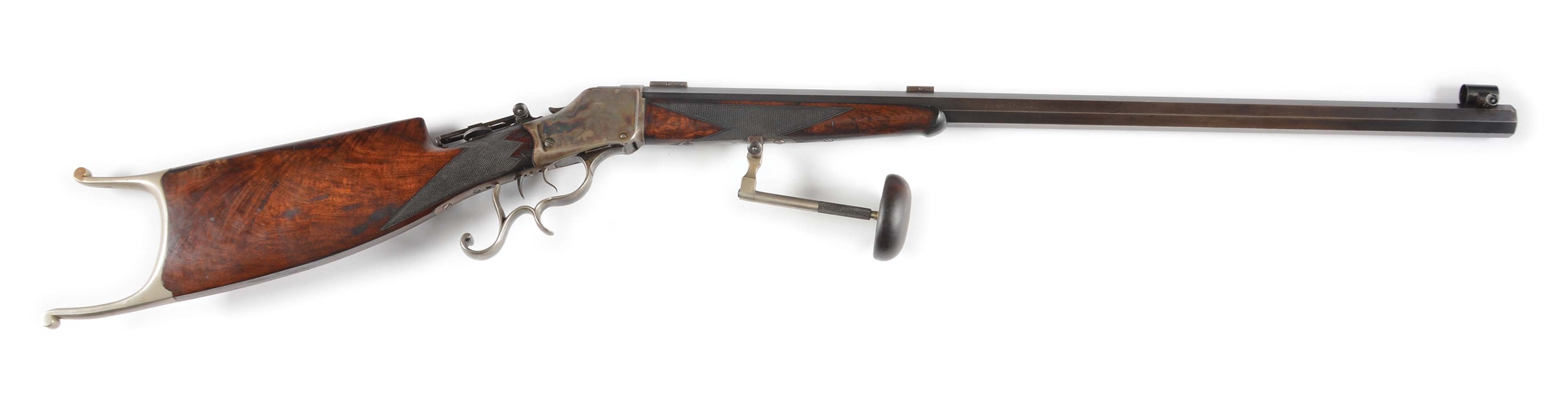 (A) WINCHESTER HI-WALL OFF HAND RIFLE WITH CASE HARDENED ACTION.