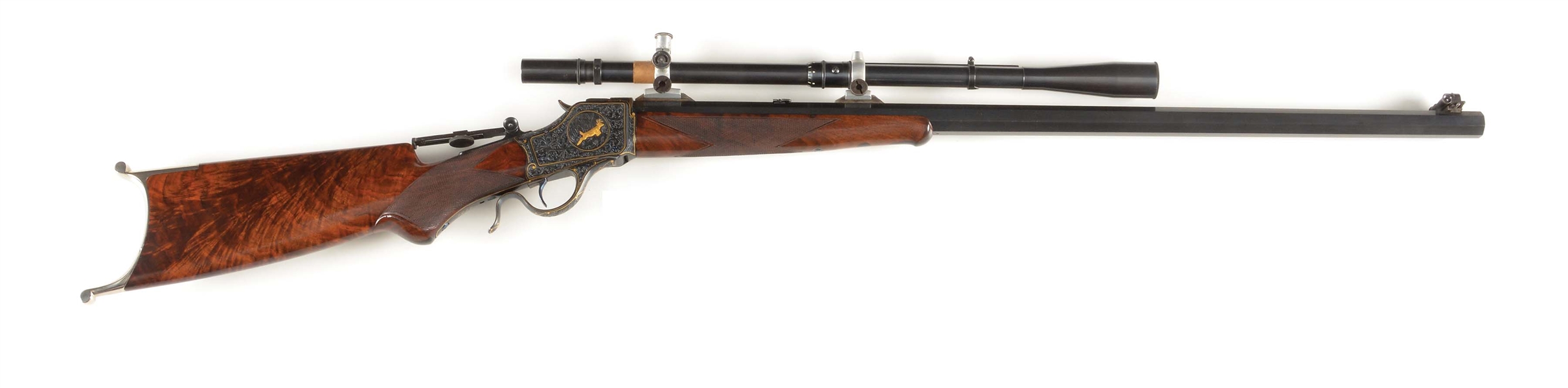 (C) FINE WINCHESTER HI-WALL OFF HAND SINGLE SHOT RIFLE WITH SCOPE, CUSTOM ENGRAVED BY THE LATE MASTER RAY VIRAMONTEZ.