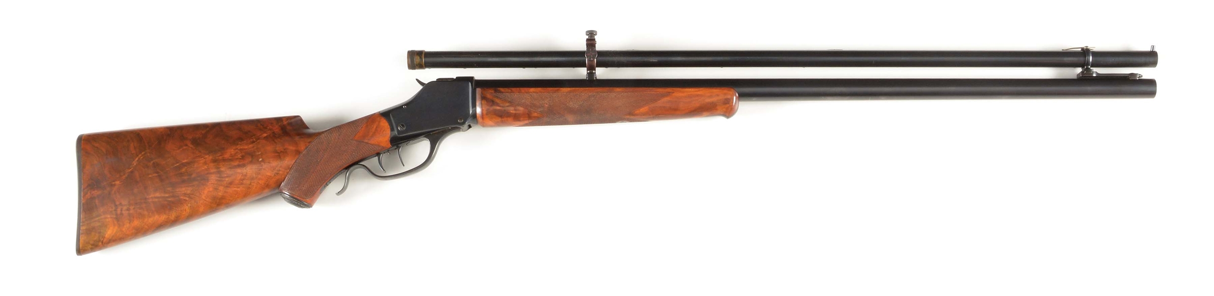 (A) WINCHESTER HI-WALL SINGLE SHOT RIFLE WITH SIDLE LONG TUBE SCOPE.